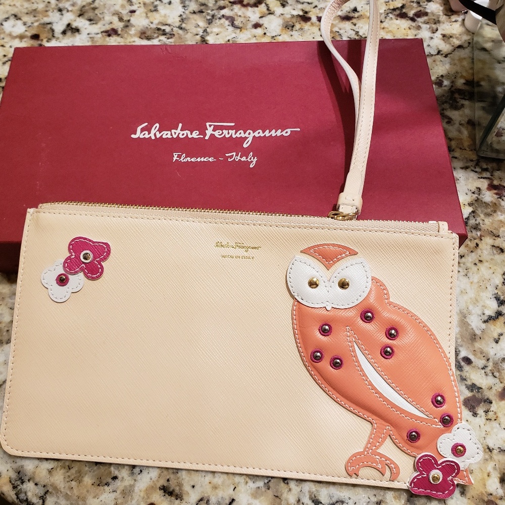 Ferragamo Pink And Coral Owl Wristlet Brand New!